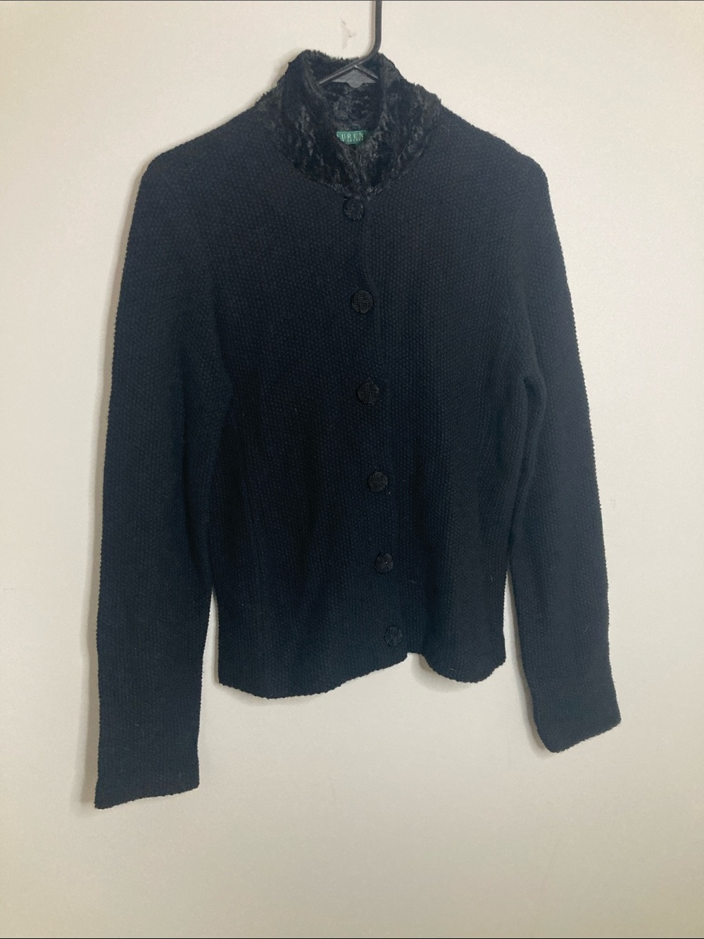 Lauren Ralph Lauren Black Knit Button Front Jacket with Faux Fur Trim